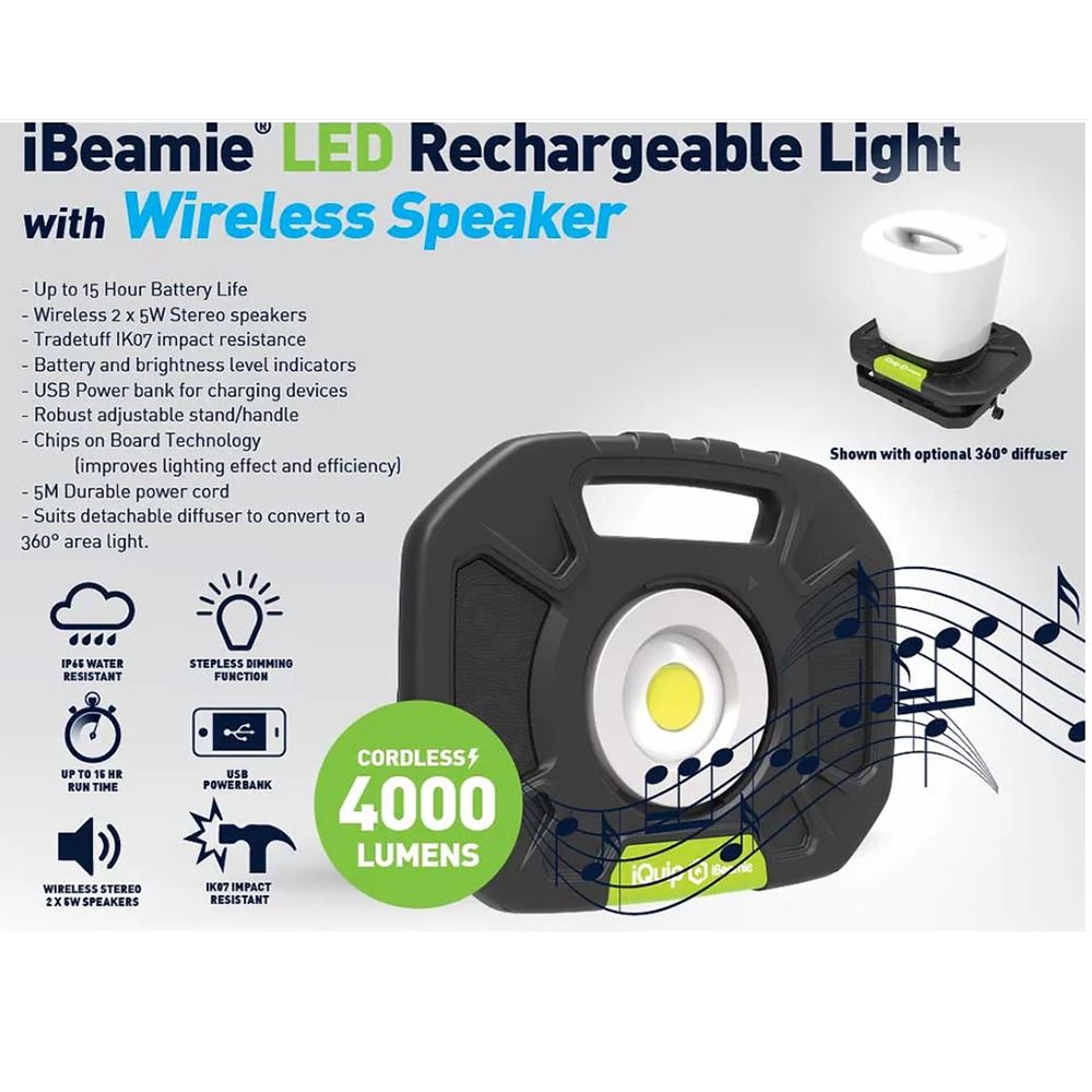 iQuip iBeamie LED Cordless Portable Light 40w with Bluetooth Speaker