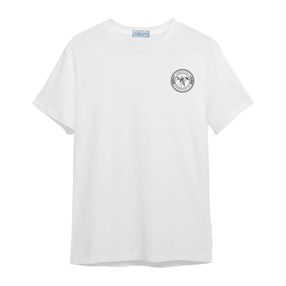 Ornate White T-shirt with Black Print Logo