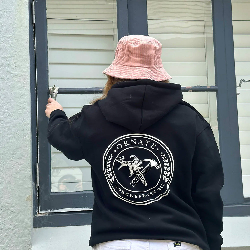 Ornate White Hoodie with Pink Logo