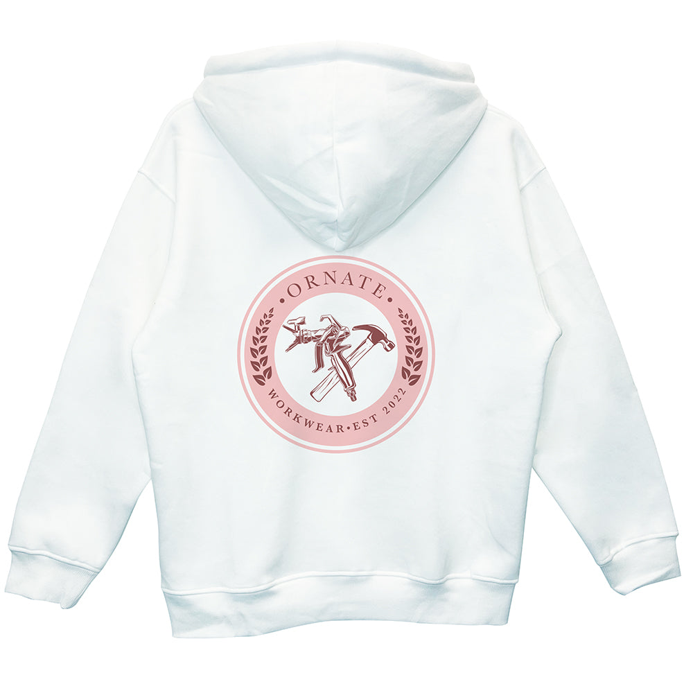 Ornate White Hoodie with Pink Logo
