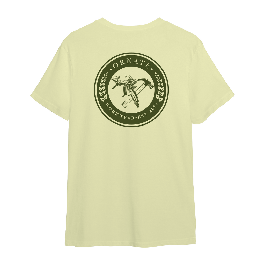 Ornate Beige T-shirt with Khaki Green Print Logo
