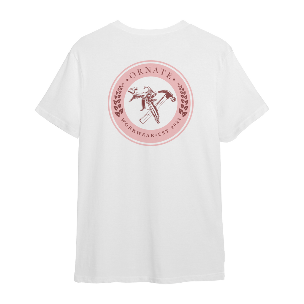 Ornate White T-shirt with Pink Print Logo