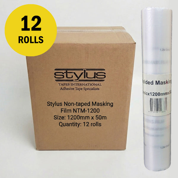 Bulk box of 12 Stylus KWIKMASK masking film rolls, 1200mm x 50m, for professional use