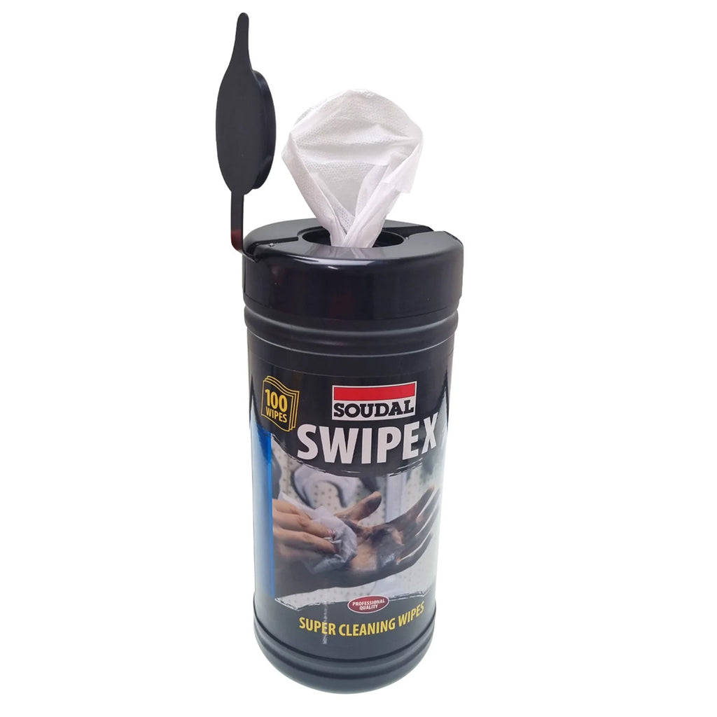 Soudal Swipex 100 pack tub of super cleaning wipes for tools, hands, and tiles