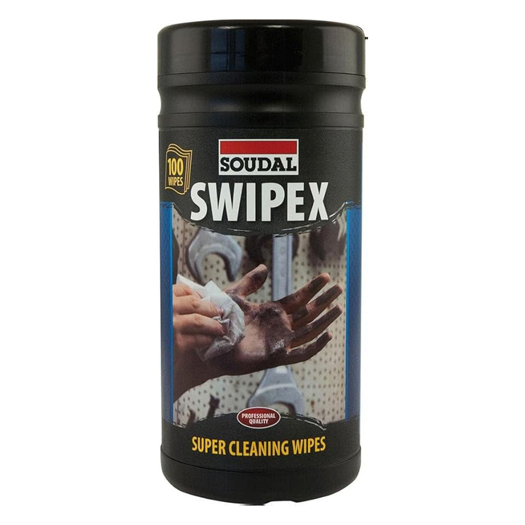 Large 100 pack tub of Soudal Swipex heavy-duty wipes for removing PU foam and adhesives