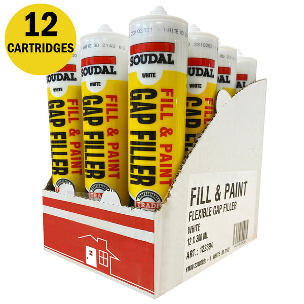 Box of 12 Soudal Fill & Paint Gap Filler cartridges for professional timber and masonry joints