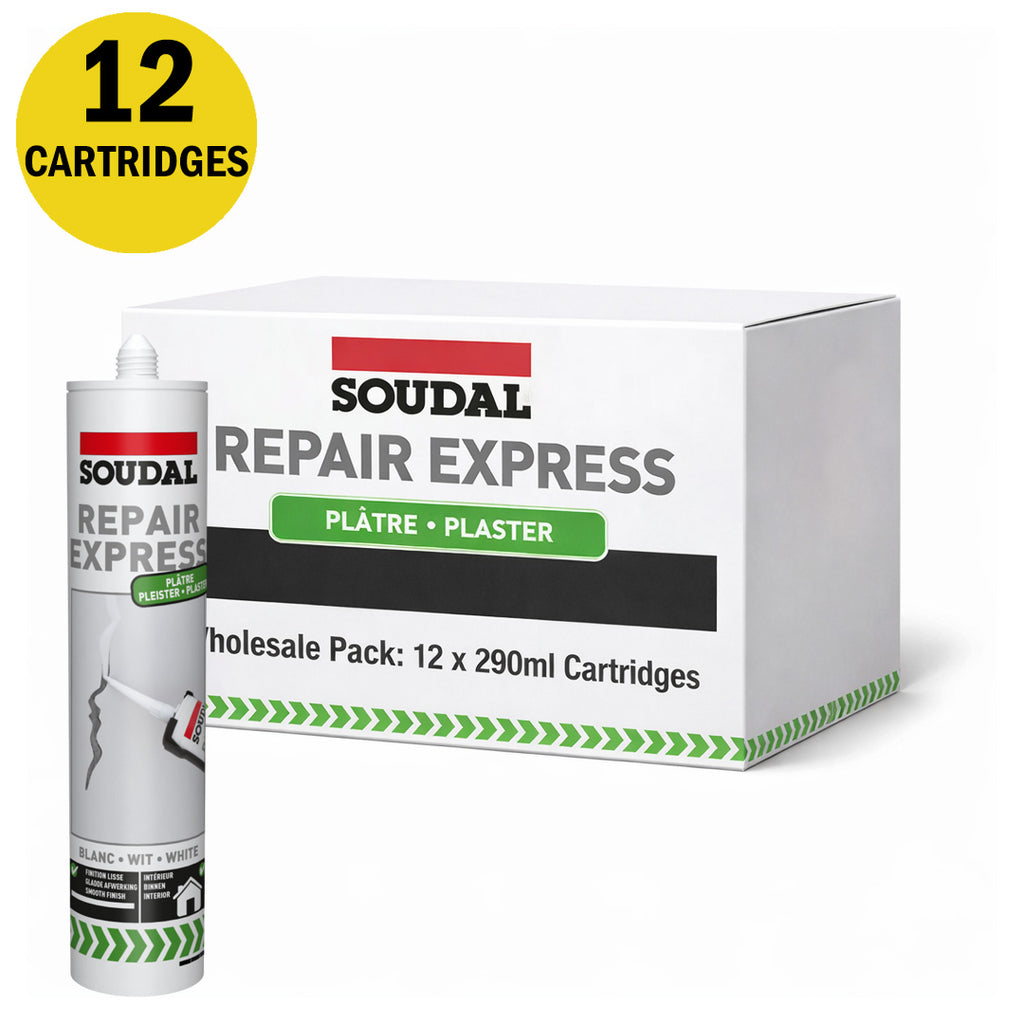 Bulk box of 12 Soudal Repair Express Plaster cartridges for large scale internal wall finishing