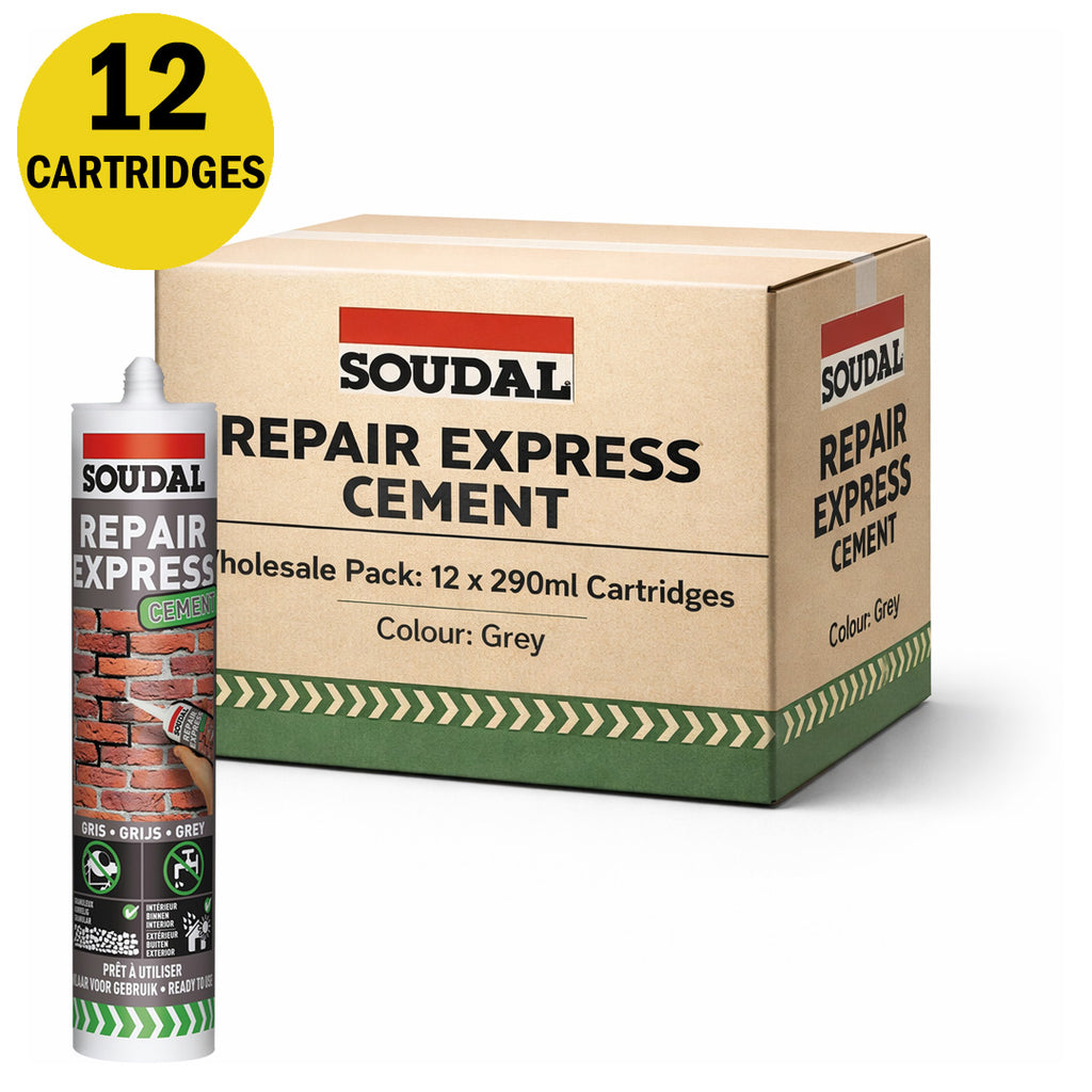 Box of 12 Soudal Repair Express Cement Grey 290ml cartridges for concrete repairs