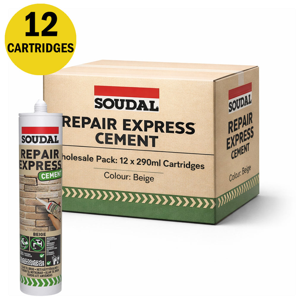 Wholesale pack of 12 Soudal Repair Express Cement 290ml cartridges in Beige color