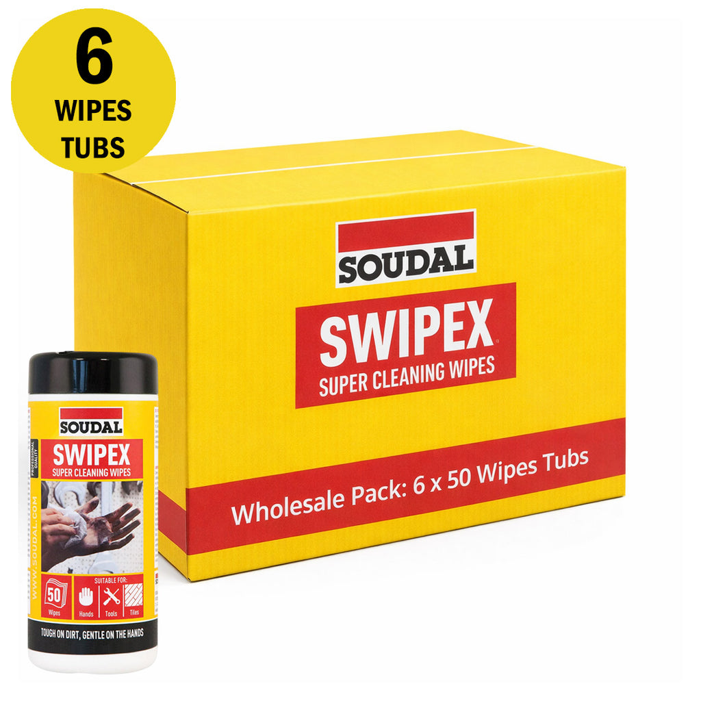 Bulk box of 6 Soudal Swipex 50-wipe tubs for professional cleaning on construction sites