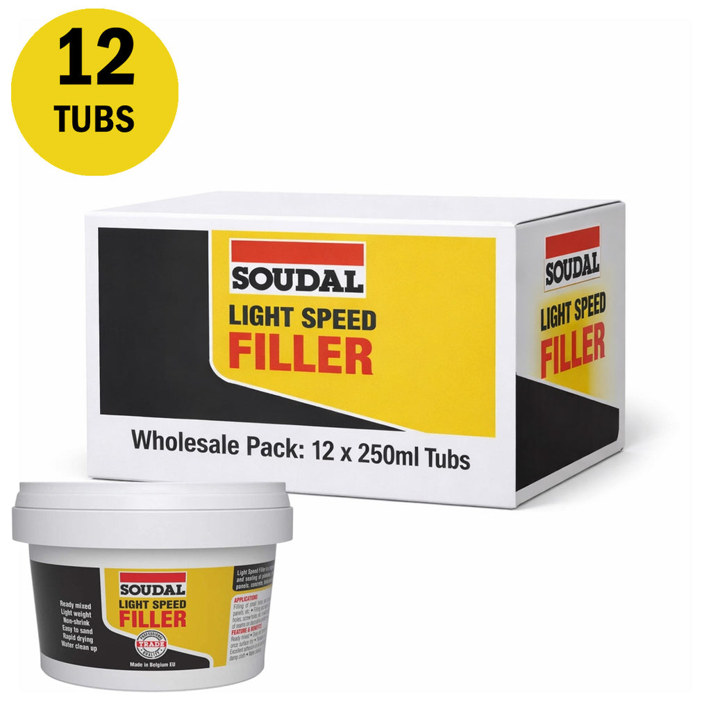 Trade pack of 12 Soudal Light Speed Filler 250ml tubs for rapid patching and seamless finishing
