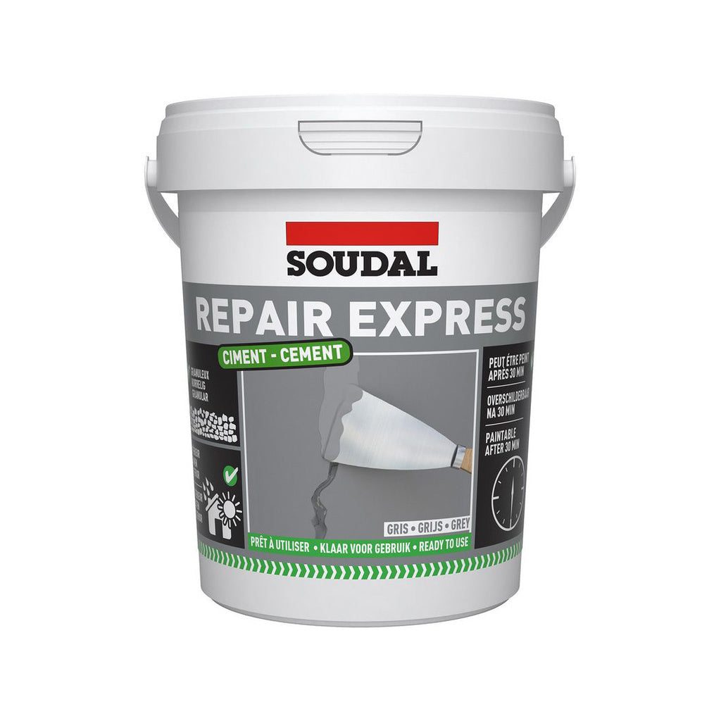 Soudal 900ml Grey mortar repair filler tub for patching concrete stairs and joints.