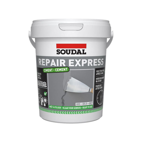 Soudal 900ml Grey mortar repair filler tub for patching concrete stairs and joints.
