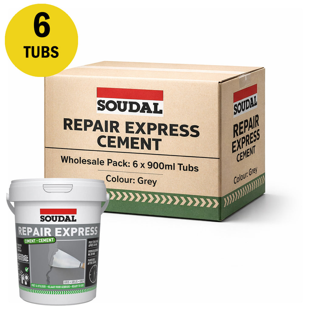 Wholesale set of 6 Soudal Repair Express Cement 900ml tubs in Grey for professional use