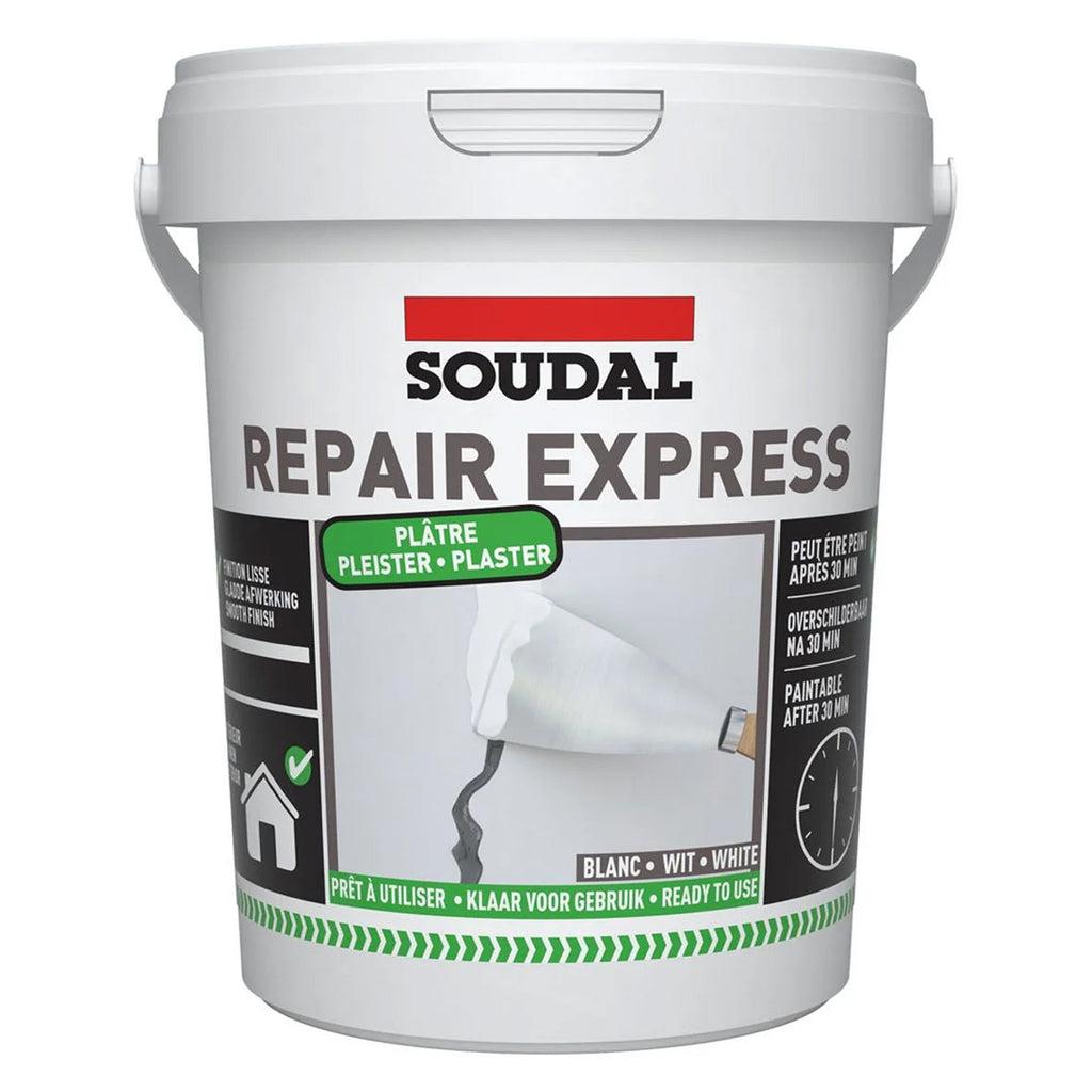 Soudal Repair Express Plaster 900ml tub of lightweight acrylic polymer filler for ceiling repair