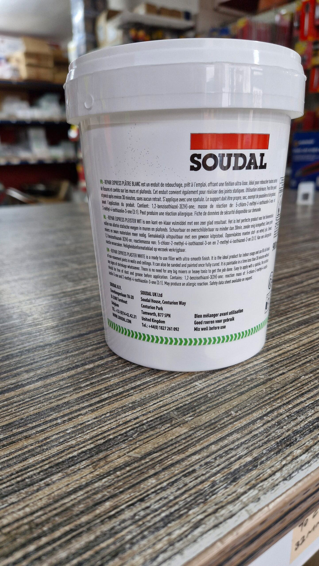 Back of Soudal Repair Express Plaster tub showing technical specs for interior masonry filling