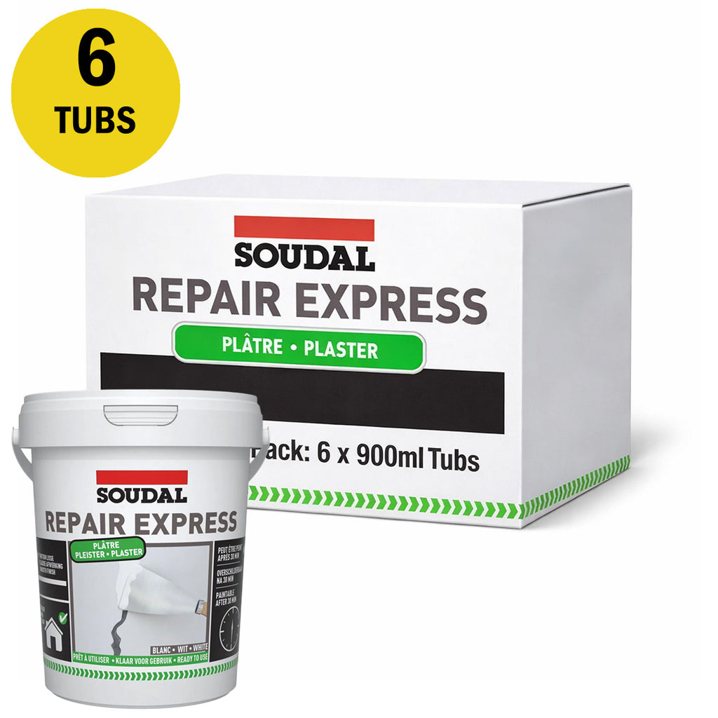 Trade pack of 6 Soudal Repair Express Plaster 900ml tubs for professional builders and renovators