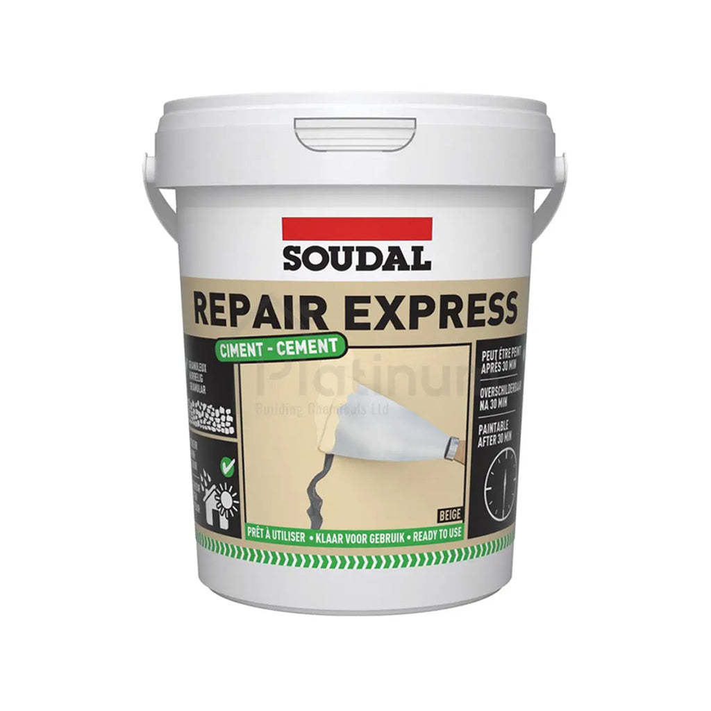 Soudal 900ml Beige repair filler tub with granular texture for mortar replication