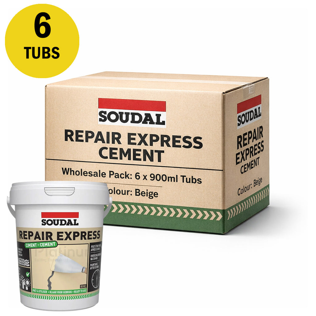 Bulk pack of 6 Soudal Repair Express Cement 900ml tubs in Beige for large repairs