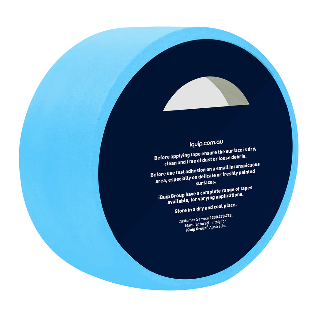 Back of iQuip 48mm blue masking tape roll made in Italy