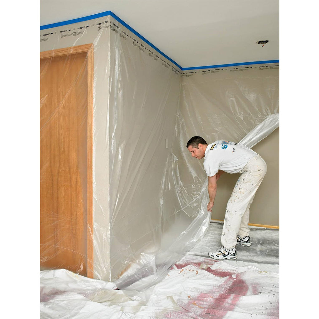 Securing bottom of 3M pre-folded plastic sheet for dust containment