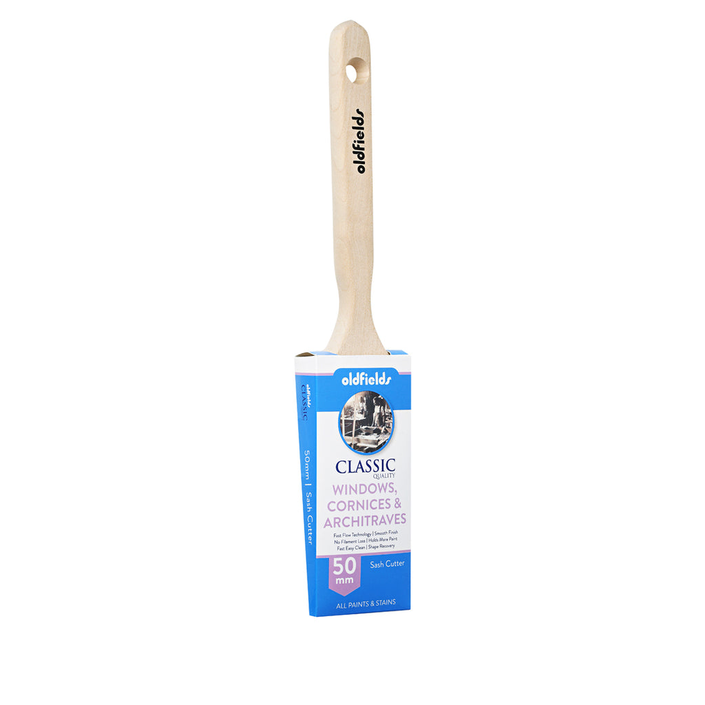 Front view of Oldfields Classic 50mm sash cutter paint brush for windows and trim