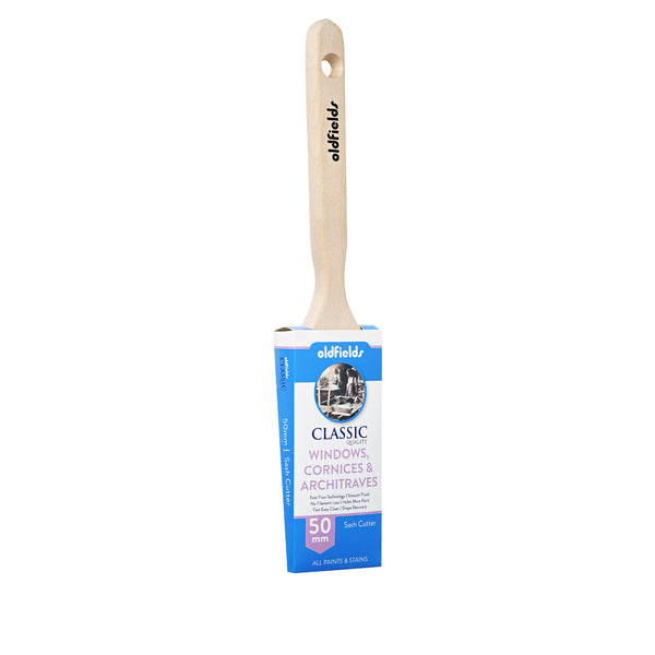Front view of Oldfields Classic 50mm sash cutter paint brush for windows and trim