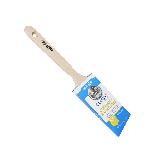 Angled view of Oldfields Classic 50mm angle sash paint brush for moulding work