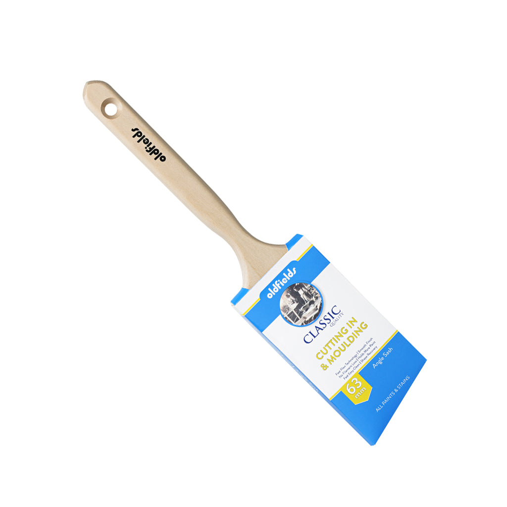Oldfields Classic 63mm angle sash brush in packaging for cutting in and moulding