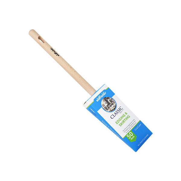 Angled view of Oldfields Classic 50mm oval cutter paint brush for edging work