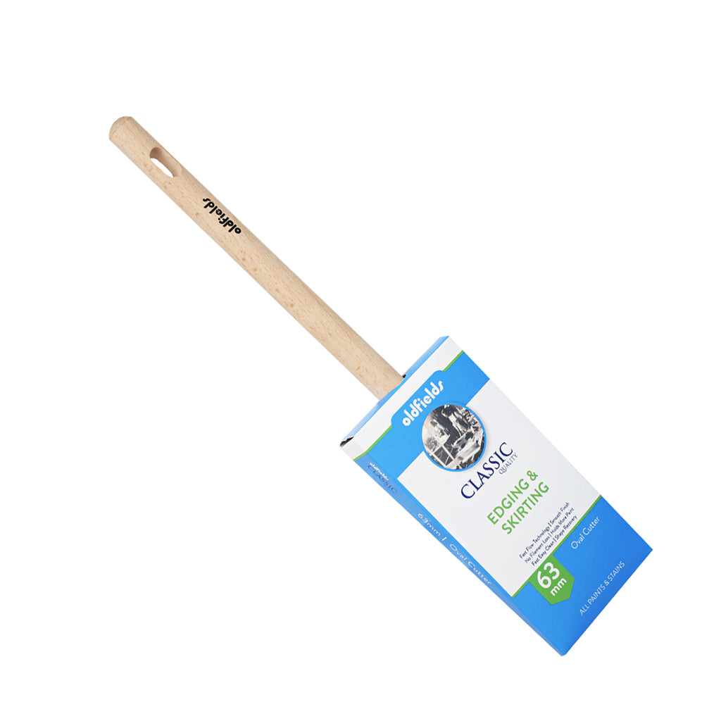 Angled view of Oldfields Classic 63mm oval cutter paint brush for edging work