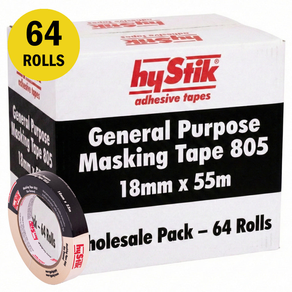 Wholesale pack of 64 Hystik 805 masking tape rolls, 18mm x 55m, for trade professionals