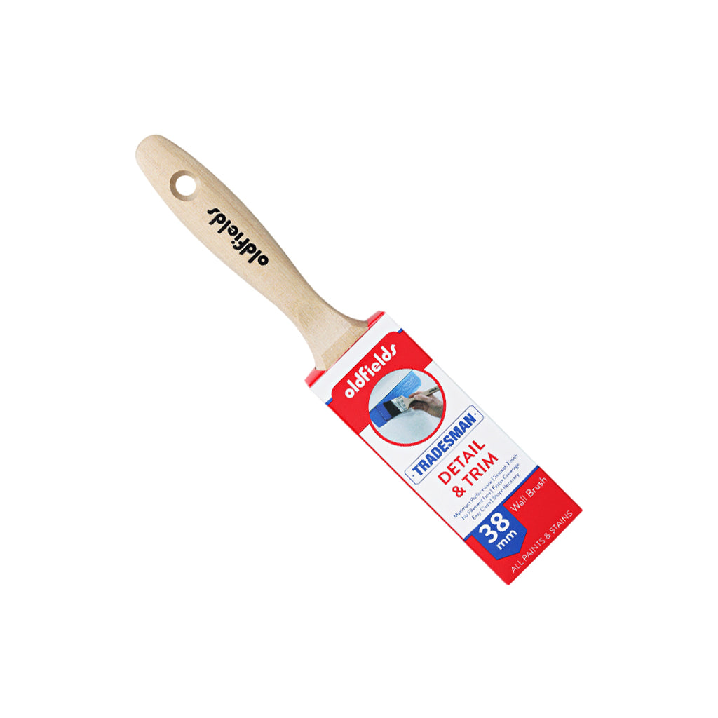 Oldfields Tradesman 38mm synthetic brush angled view for detail and trim painting