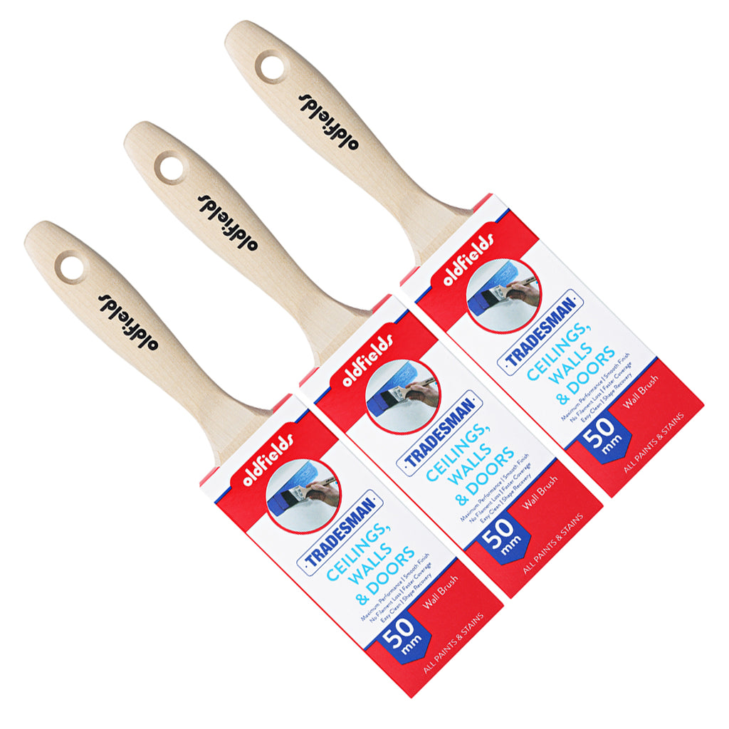 Display of three Oldfields Tradesman 50mm wall brushes showing birch wood handles