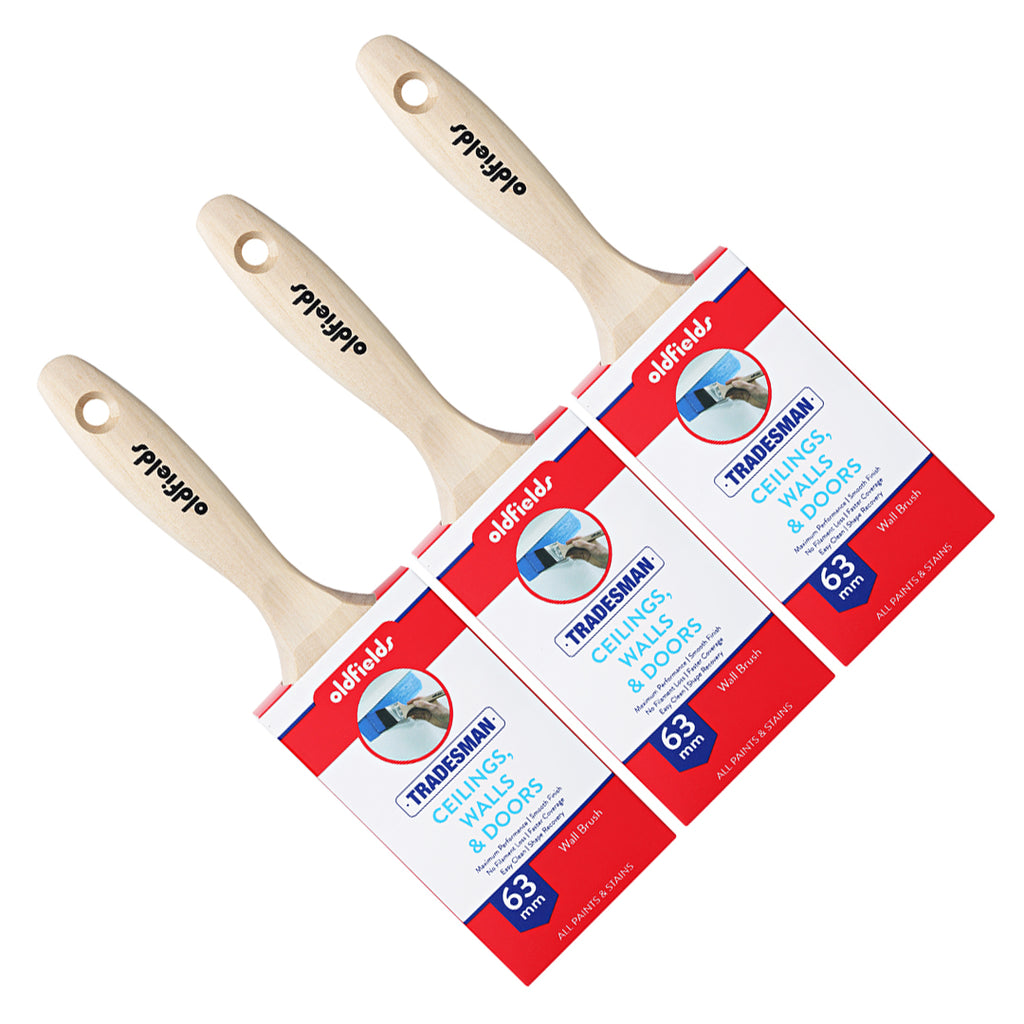 Three Oldfields Tradesman 63mm wall brushes displayed together for professional painters