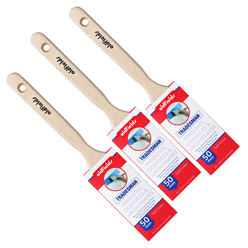 Three 50mm Oldfields Tradesman sash cutter brushes, professional synthetic filament pile