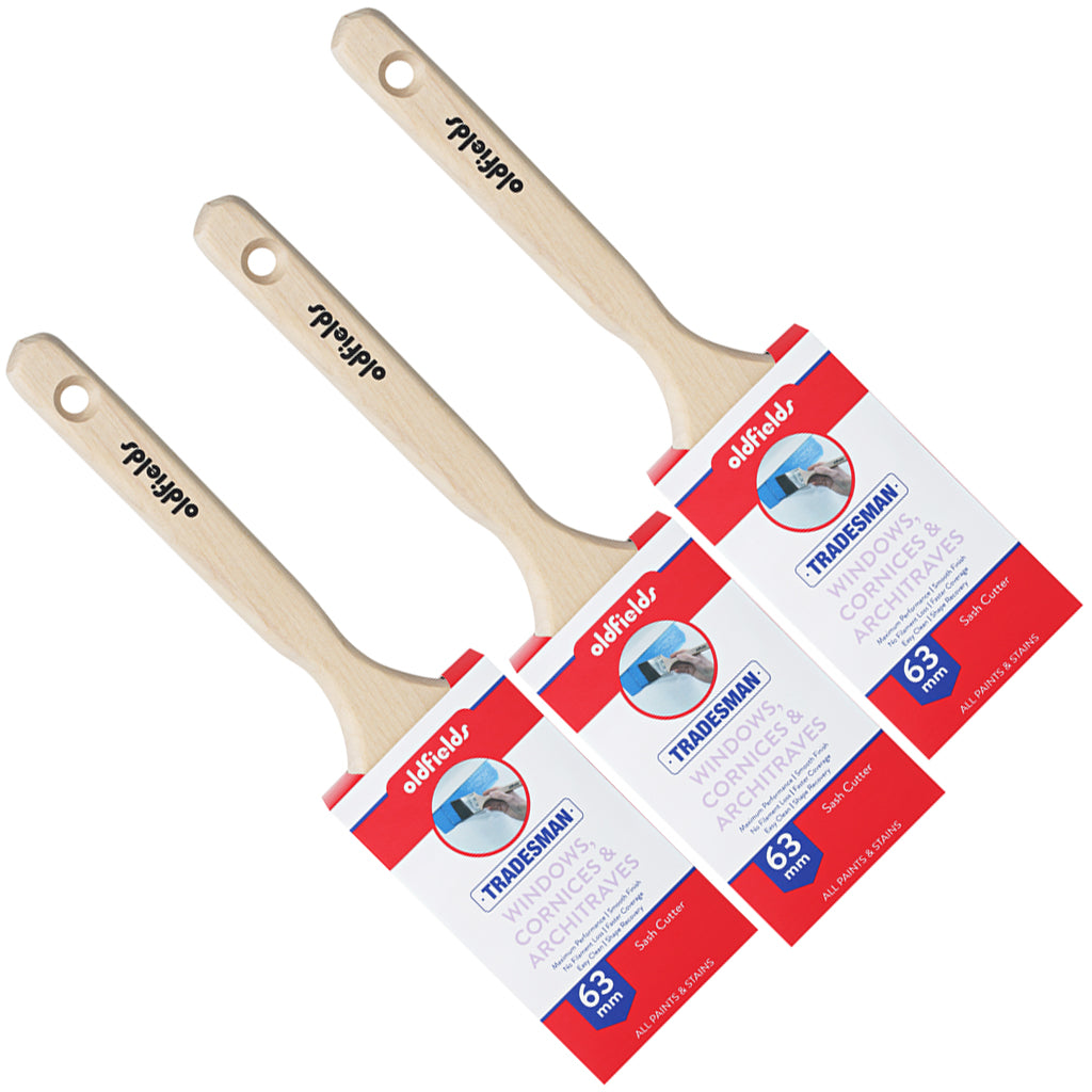 Three 63mm Oldfields Tradesman sash cutter brushes with durable stainless steel ferrules
