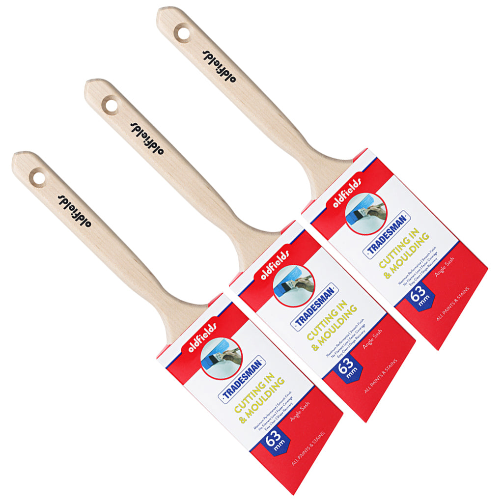 Three 63mm Oldfields Tradesman angled sash paintbrushes with stainless steel ferrules