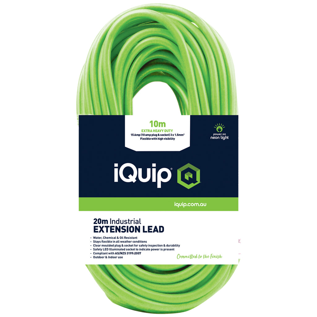 Green extension lead with iQuip packaging on a white background