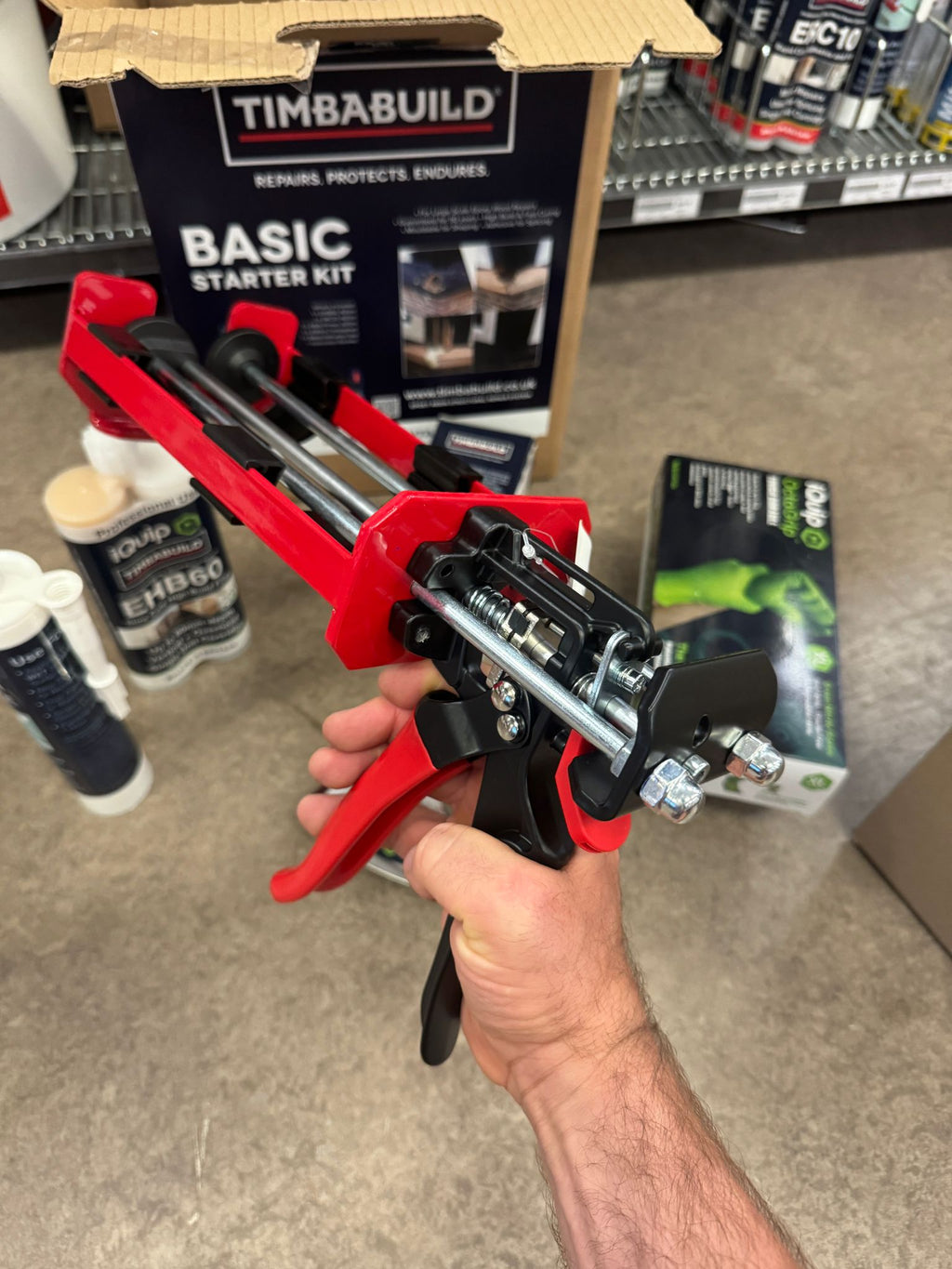 iQuip Timbabuild extrusion tool for precise dispensing of 2-part epoxy wood repair