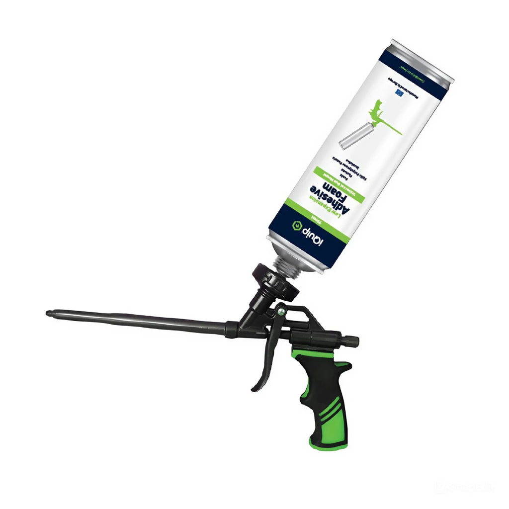 iQuip foam gun applicator loaded with adhesive foam can ready for use