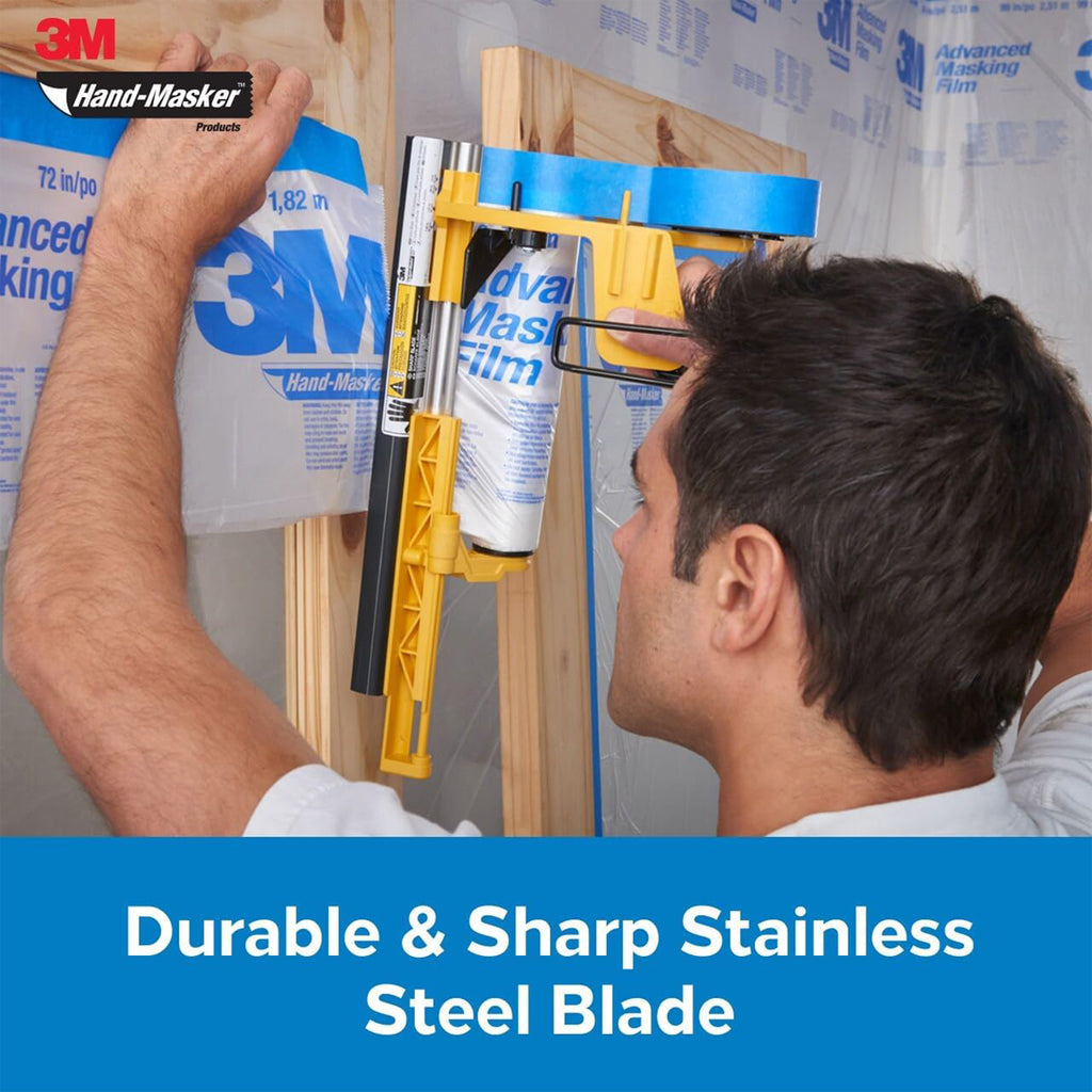 Professional painter using 3M Hand-Masker with 12-inch blade to mask a wooden window frame