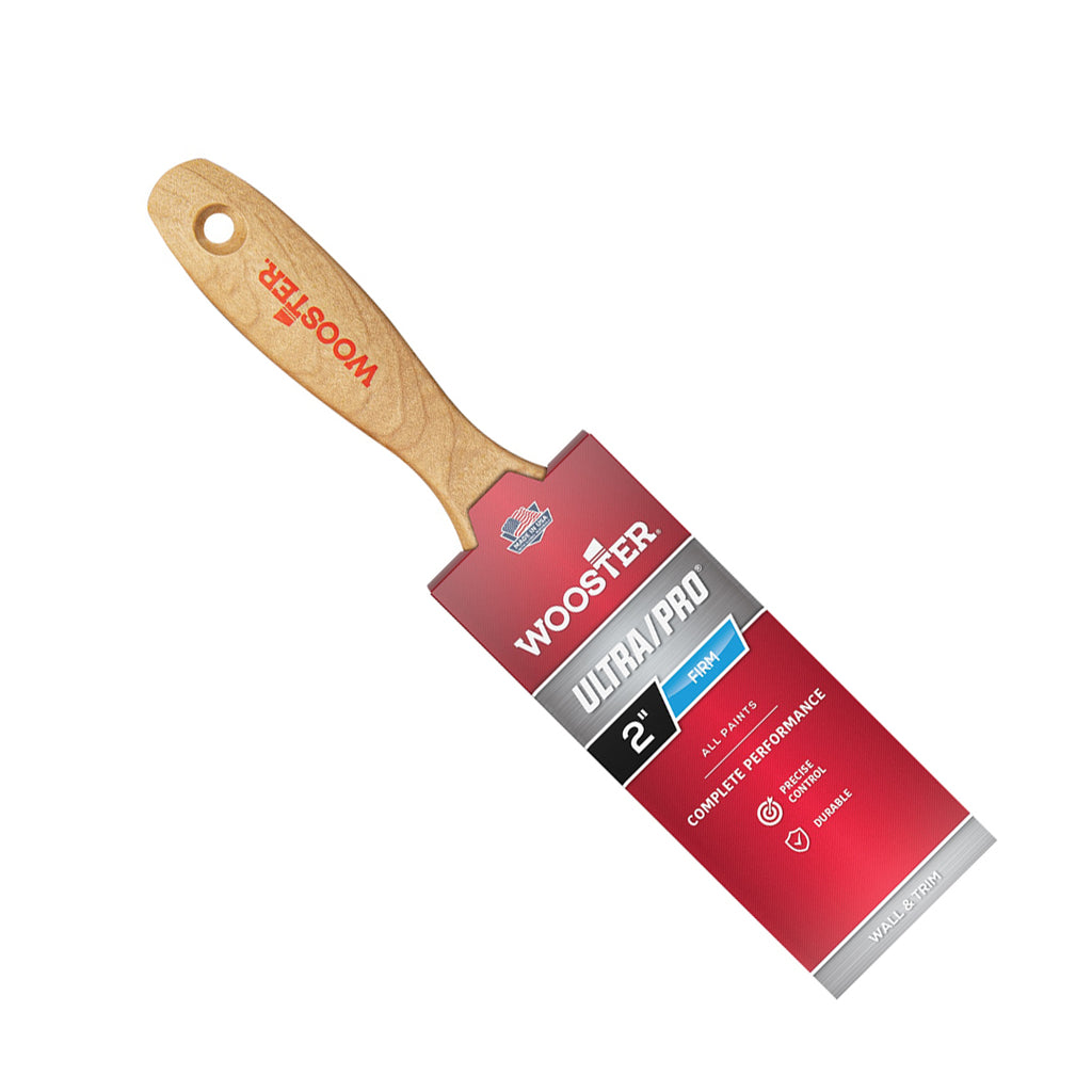 Front view of Wooster Ultra Pro Firm 50mm paint brush with sealed maple handle