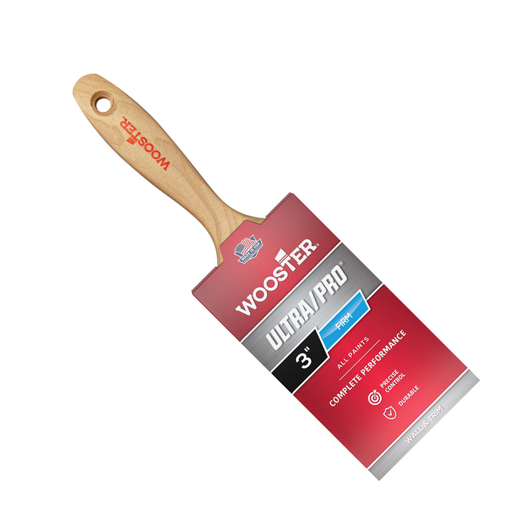 Wooster Ultra Pro Firm 75mm synthetic paint brush with maple wood handle front view