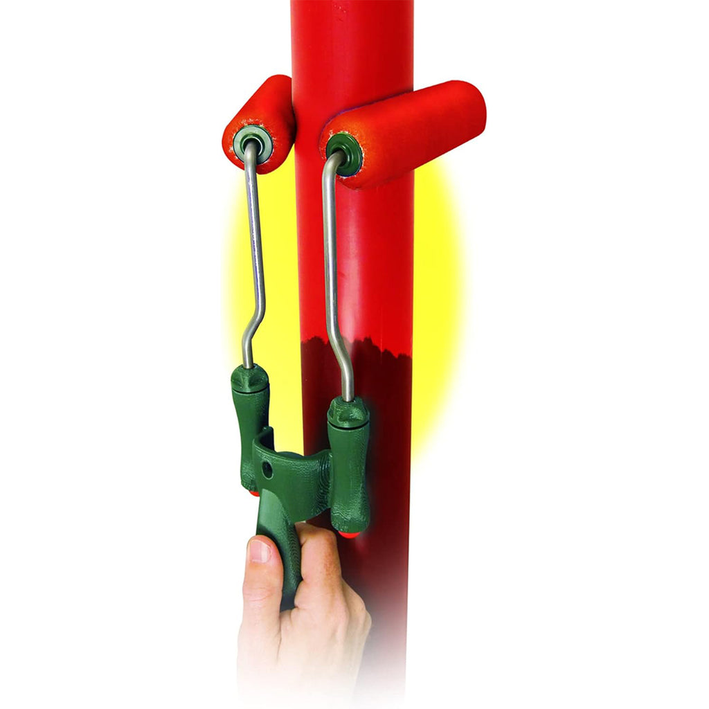 Wooster Pipe Painter tool action shot painting pipe with adjustable dual rollers