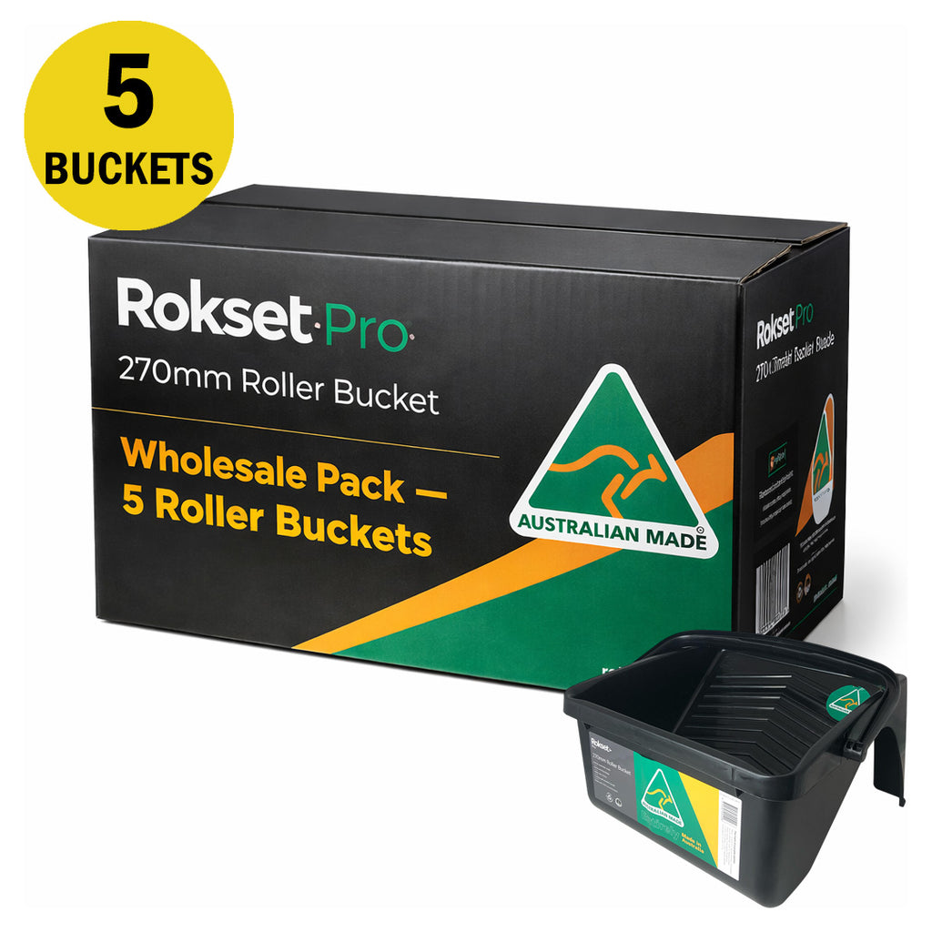 Wholesale pack of 5 Rokset Pro 270mm Roller Buckets in a professional trade box