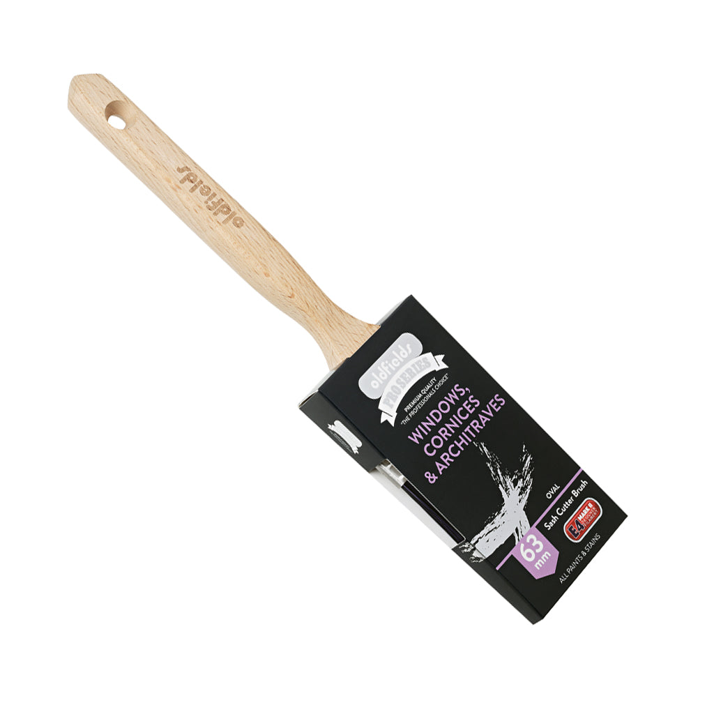 Angled view of 63mm Oldfields Oval Sash Cutter in packaging for gloss and satin paints