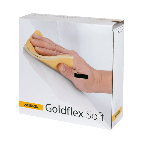 Mirka Goldflex Soft dispenser box showing hand sanding on profiled surfaces