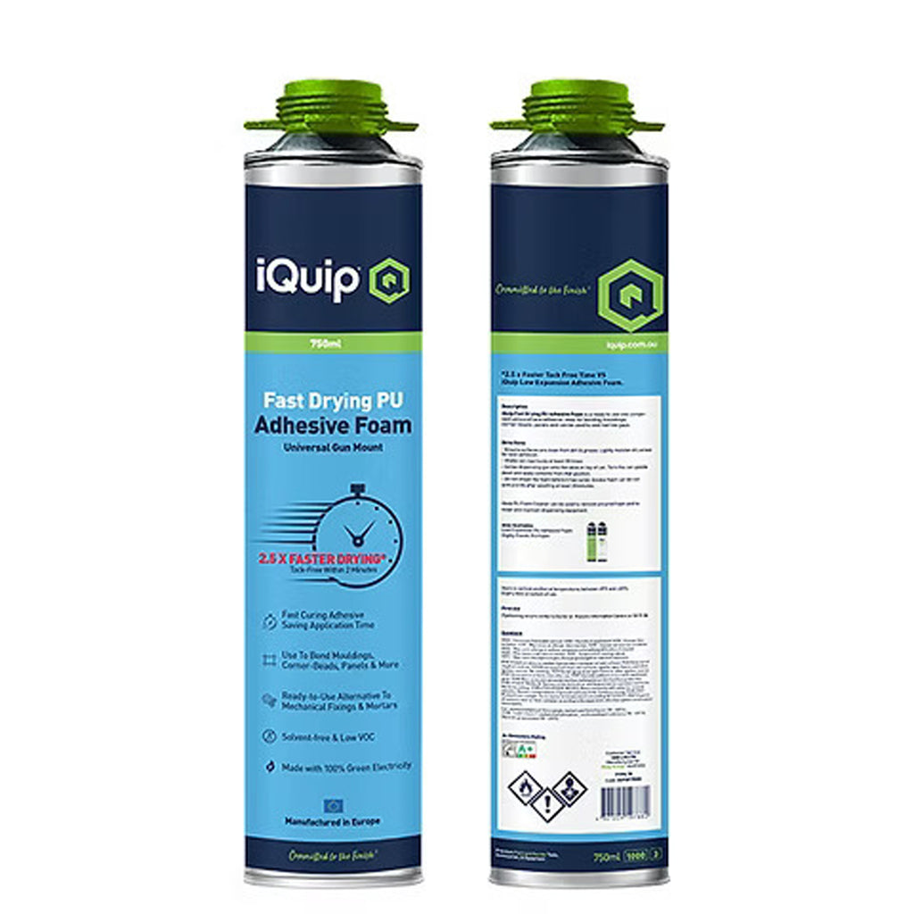 Angled view of iQuip fast drying adhesive foam for bonding mouldings and panels
