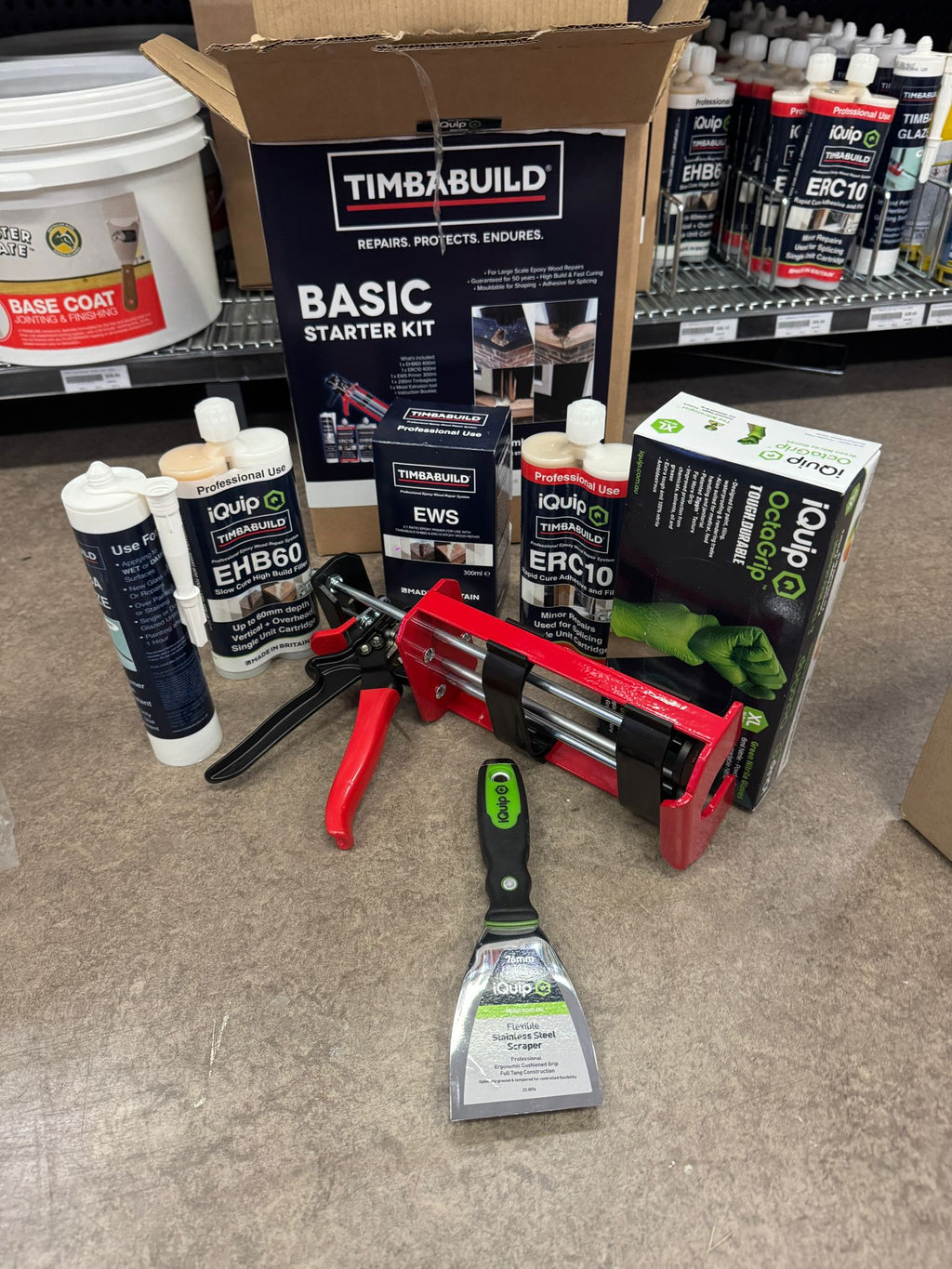 iQuip Timbabuild Basic Starter Kit with epoxy fillers, primer, gun, and scraper